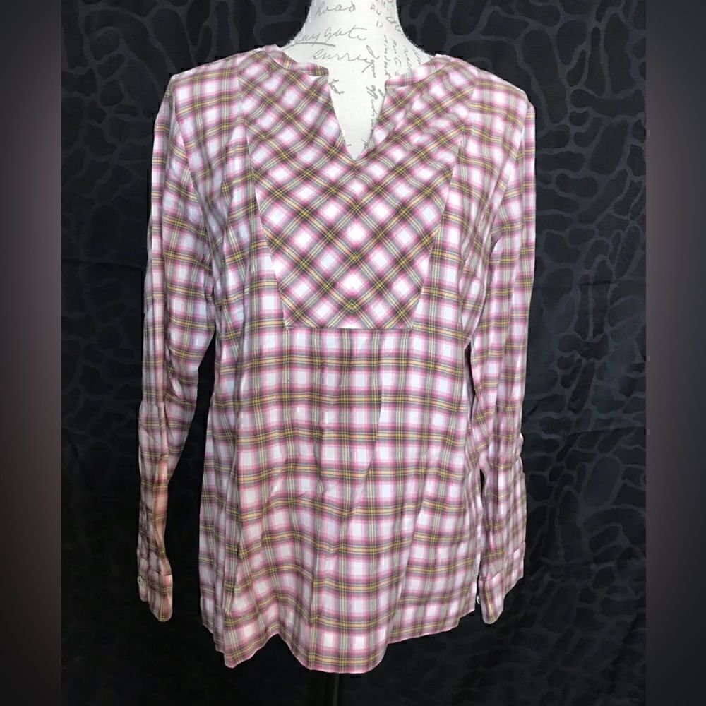 Talbots Women's Pink Yellow Plaid Long Sleeve Cotton Top - Size M